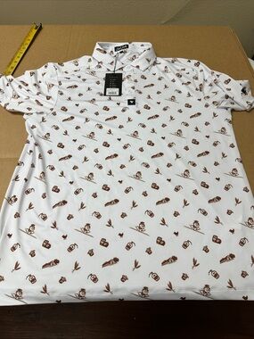 ##550, Men's XL, Bad Birdie White Polo with Brown All-Over Motif